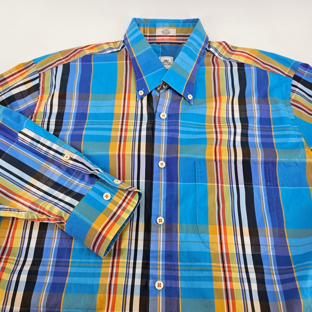 Peter Millar Weekender Finish Plaid Button Down Shirt Large Blue Multi Check